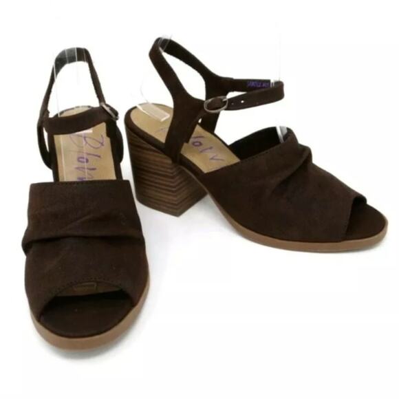 Blowfish Open Toe Sandals Heeled Brown Faux Suede - Picture 1 of 6